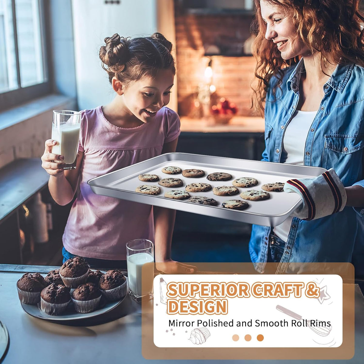 Stainless Steel Baking Sheet Set of 2, Deedro Cookie Sheet Metal Baking Pan Oven Tray, Non Toxic & Heavy Duty, Rust Free & Mirror Finish, Easy Clean & Dishwasher Safe, 20 x 14 x 1.3 Inch