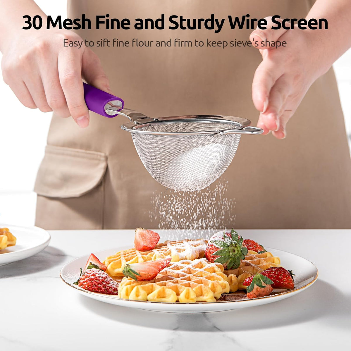 U-Taste Small Fine Mesh Strainer: 18/8 Stainless Steel 3.35in 30 Mesh Kitchen Food Sieve with Sturdy Riveted Silicone Handle, Heavy Duty Deep Handheld Metal Colander for Tea, Juice (Purple)