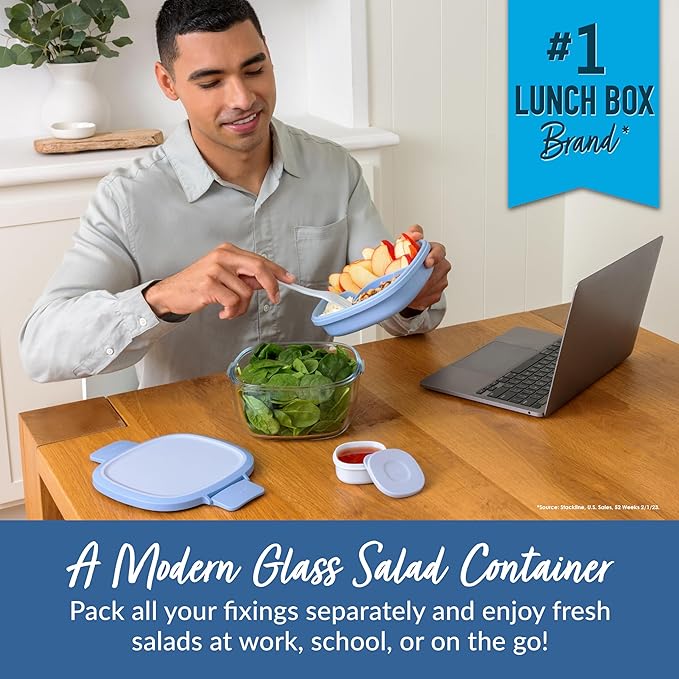 Bentgo Glass All-in-One Salad Container - Large 61-oz Salad Bowl with Lid, 4-Compartment Bento-Style Tray, 3-oz Sauce Container, and Reusable Fork - Dishwasher, Microwave, and Oven Safe (Light Blue)