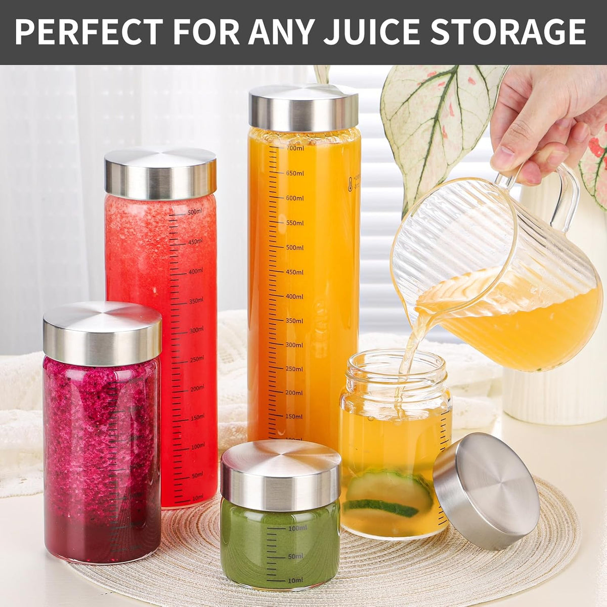 11 Oz Glass Juice Bottles with Lids, 4 Pack Glass Bottles, BPA Free, Borosilicate Glass, Leak Proof Lids for Juicing, Smoothies, Infused Water, Beverage Storage, Shaker Bottles