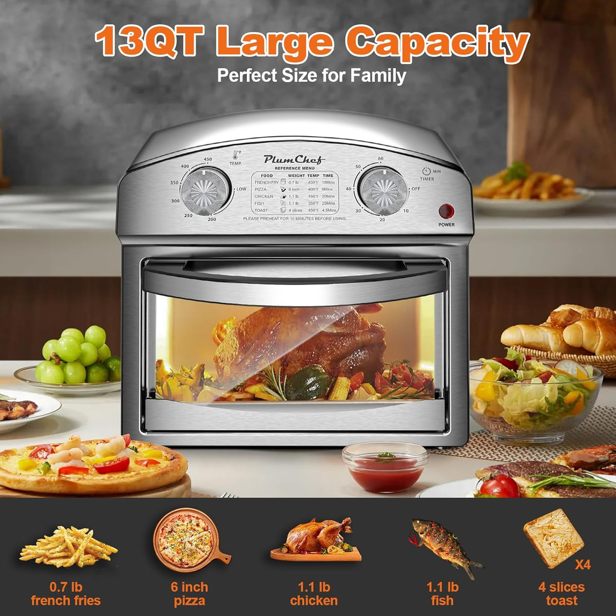 PlumChef 13 Quart 4 Slices Air Fryer Convection Toaster Oven with Reference Menu, 1500W,Multifunction with Roast, Bake, Grill, Broil, Silver