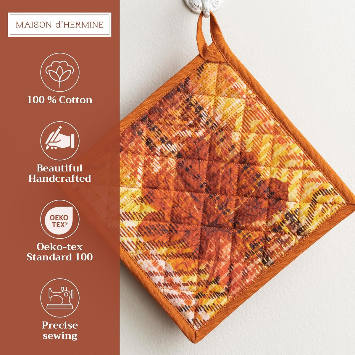 Maison d' Hermine Pot Holder 100% Cotton Potholder Heat Resistant (8"x8") with Loop Hot Pads for Gifts, Kitchen, Baking, Chef, Barbeque & Microwave, Thanksgiving Tartan - Thanksgiving/Christmas