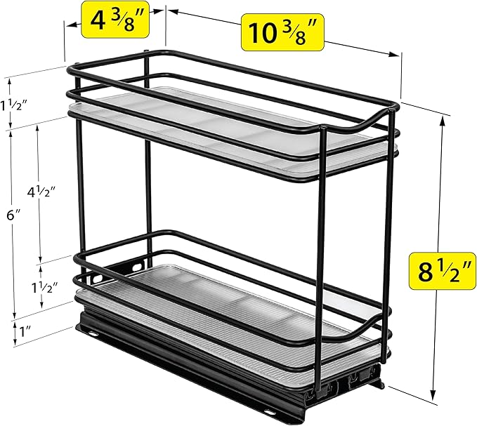 LYNK PROFESSIONAL® Pull Out Spice Rack Organizer for Inside Kitchen Cabinets - 4-1/4 inch Wide - Slide Out Drawer – Black Sliding Spice Cabinet Organization Shelf Racks - 2 Tier