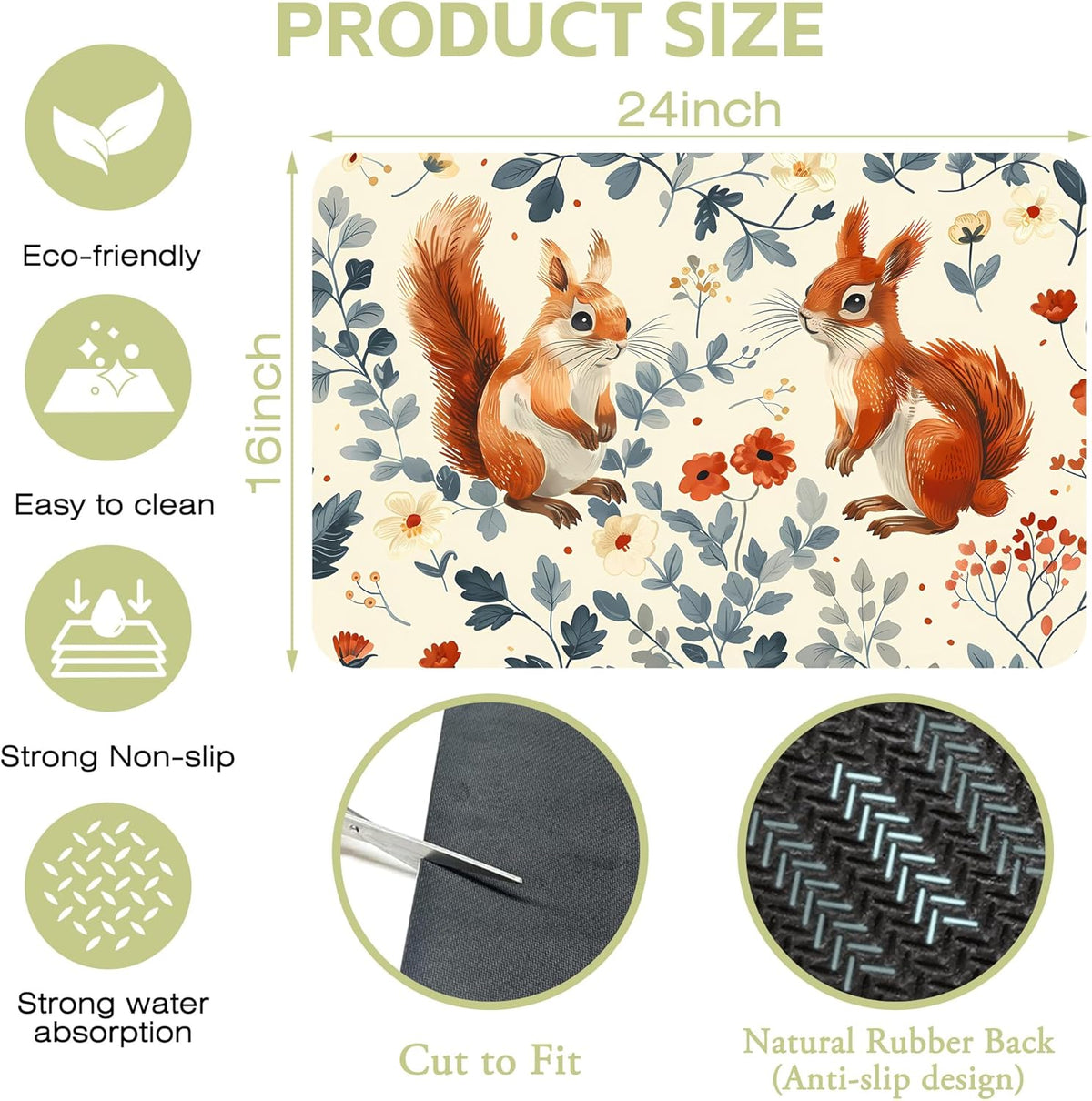 Dish Drying Mat Squirrel in the Flowers Kitchen Mat 16"x24" Bsorbent Coffee Maker Mat for Dishes,Utensils Coffee Maker Pots and Pans Easy Clean Dish Slip Resistant Pad
