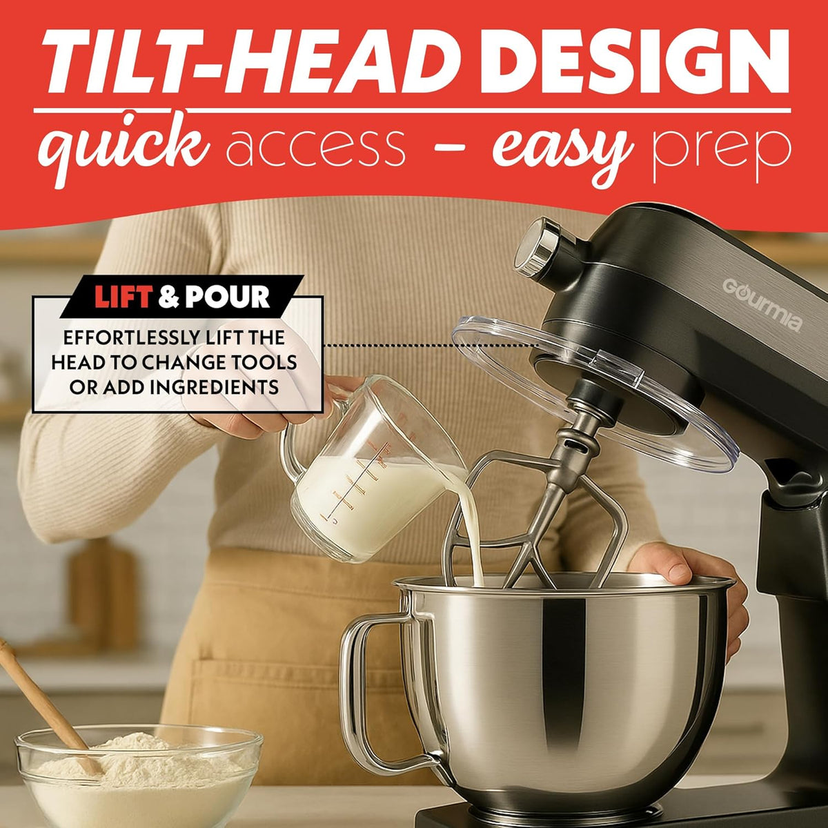 Gourmia 7 Qt Stand Mixer w/Attachments, Bowl Shield, Dough Hook, Whisk & Beater - 10-Speed Heavy Duty Kitchen Countertop Electric Dough Mixer
