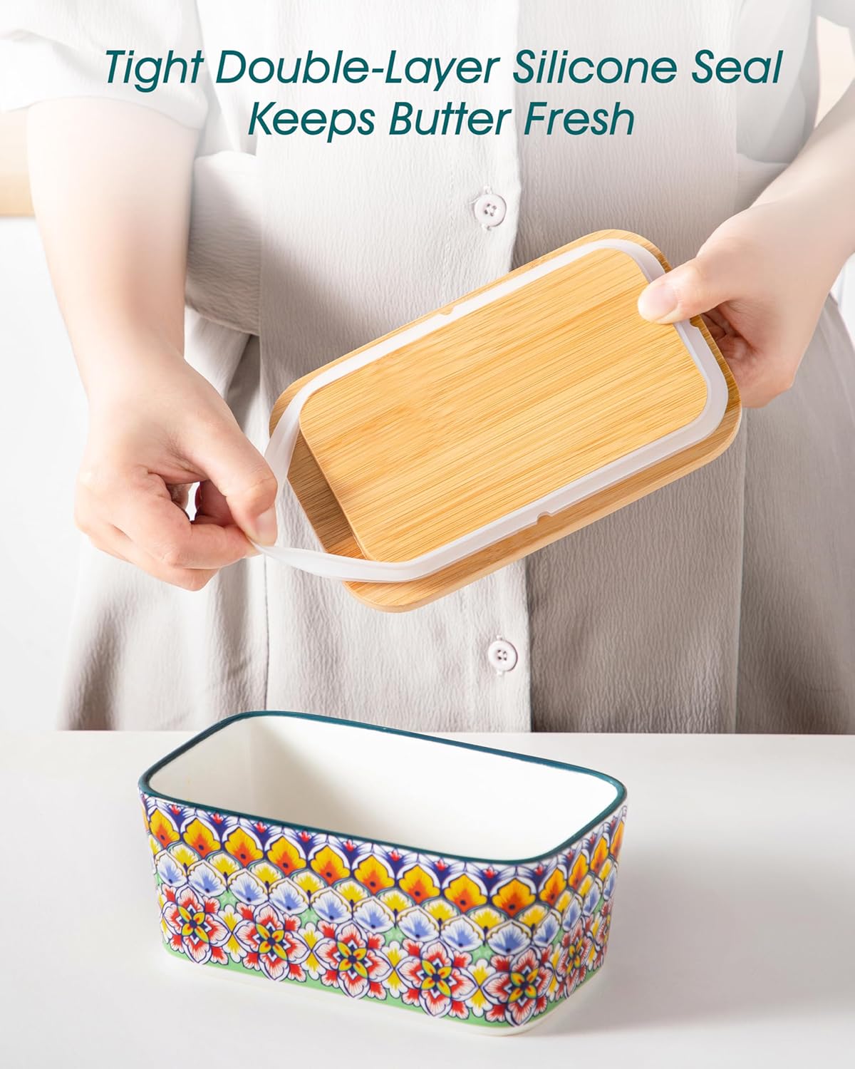 vancasso SIMI Butter Dish with Lid, 6.5" Large Butter Dish for Countertop, Bohemian Ceramic Butter Keeper Container with Knife and Bamboo Lid, Butter Holder for Counter, Golden Bloom