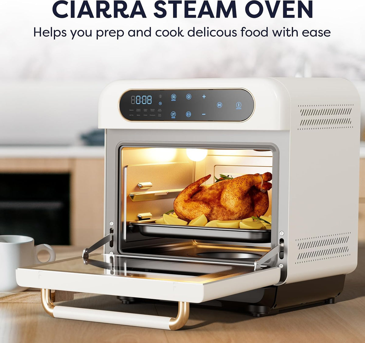 CIARRA 8-in-1 Air Fryer Steam Oven Countertop, 13QT Mini Toaster Oven with Steam, Rapid Steam, Air Fry, Vapor Bake, Steam Clean, Bake, Dried, Ferment, White