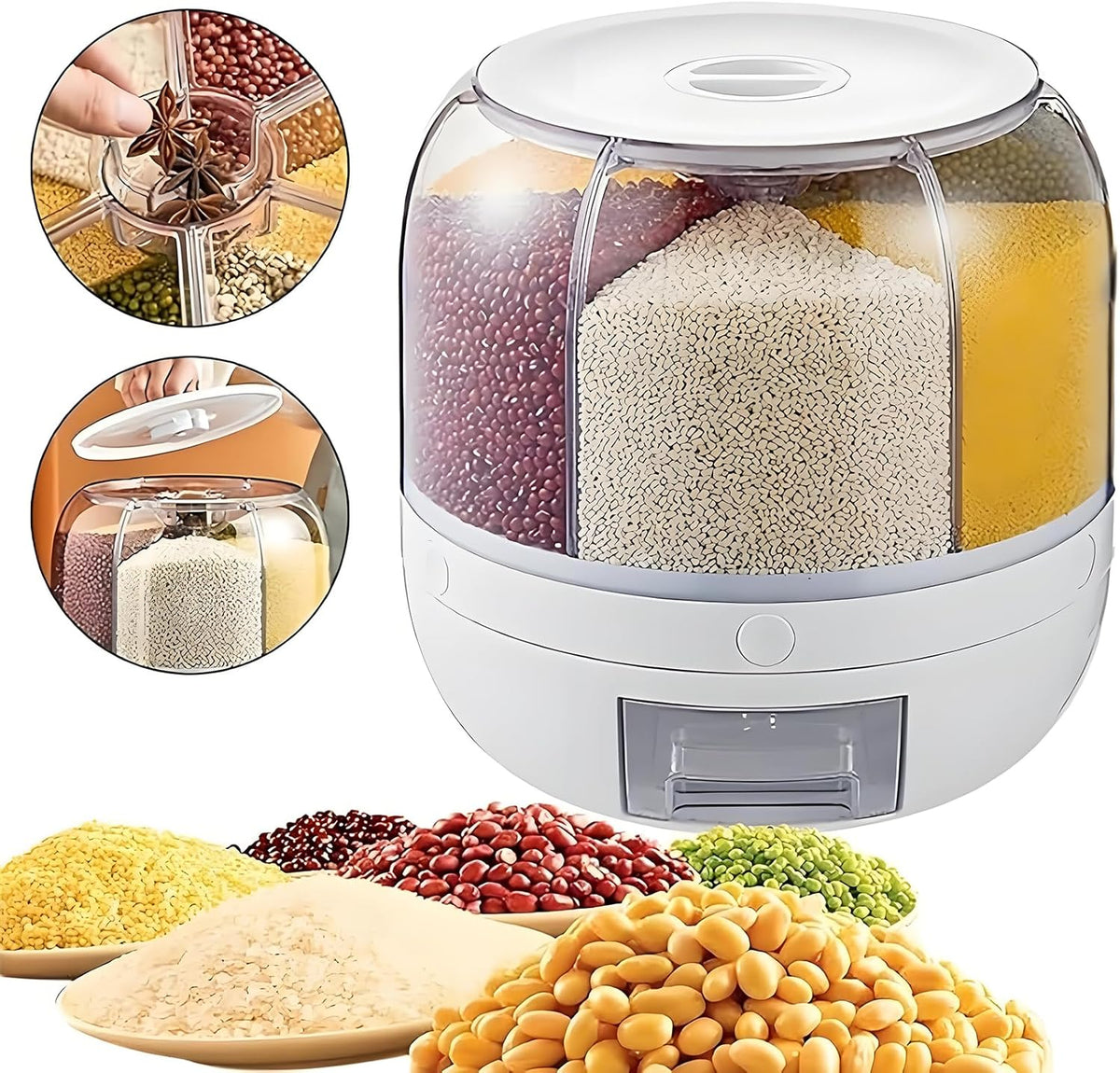 Rotating Grain Storage Bin 6 Grids Rice Container One-Click Output Large Capacity Food Dispenser For Rice Grains or Pet Food Sealed Moisture Proof Organizer