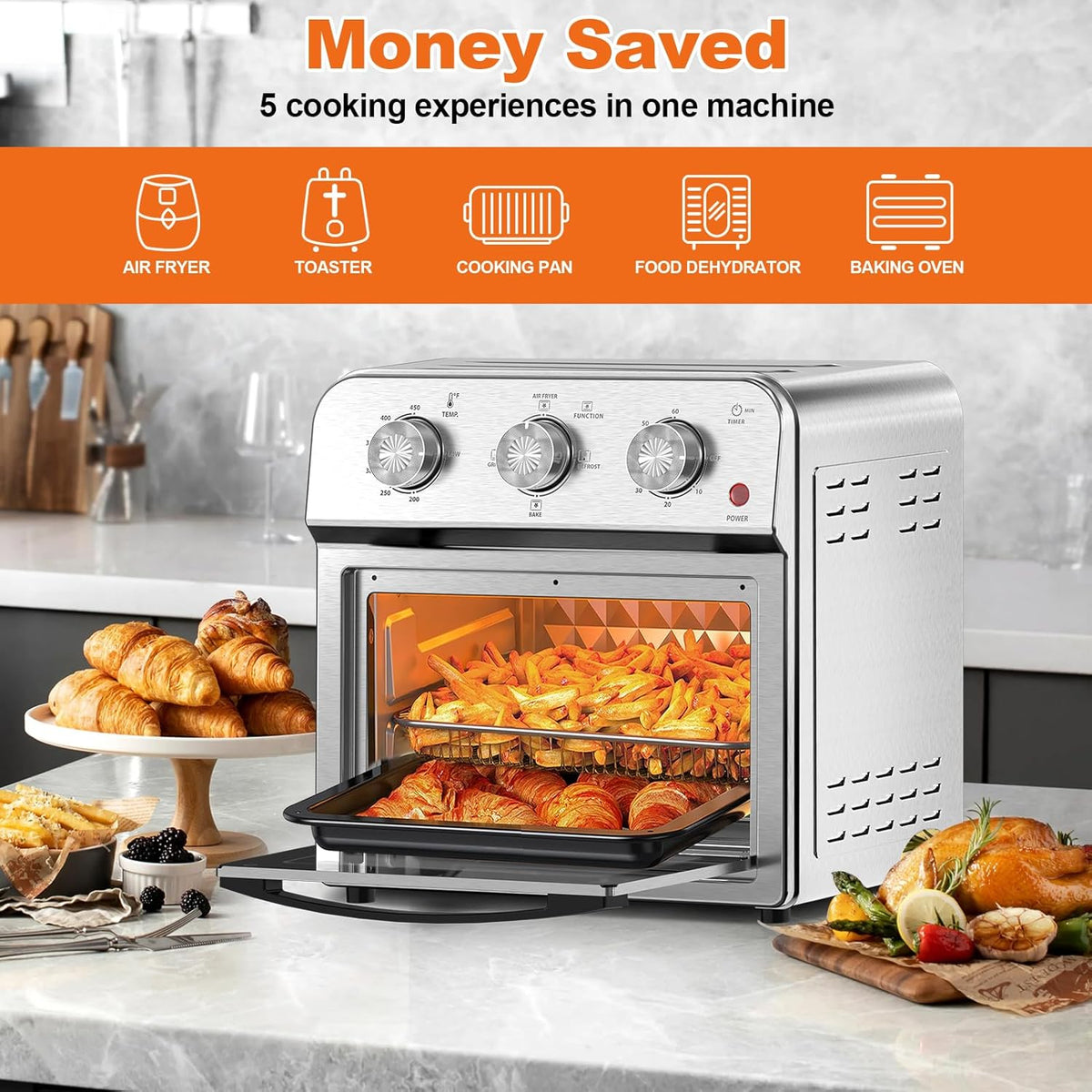 PlumChef 13 Quart 4 Slices Air Fryer Convection Toaster Oven, 1500W, Multifunction Oven for Roast, Bake, Grill, Broil, Toast（stainless steel）