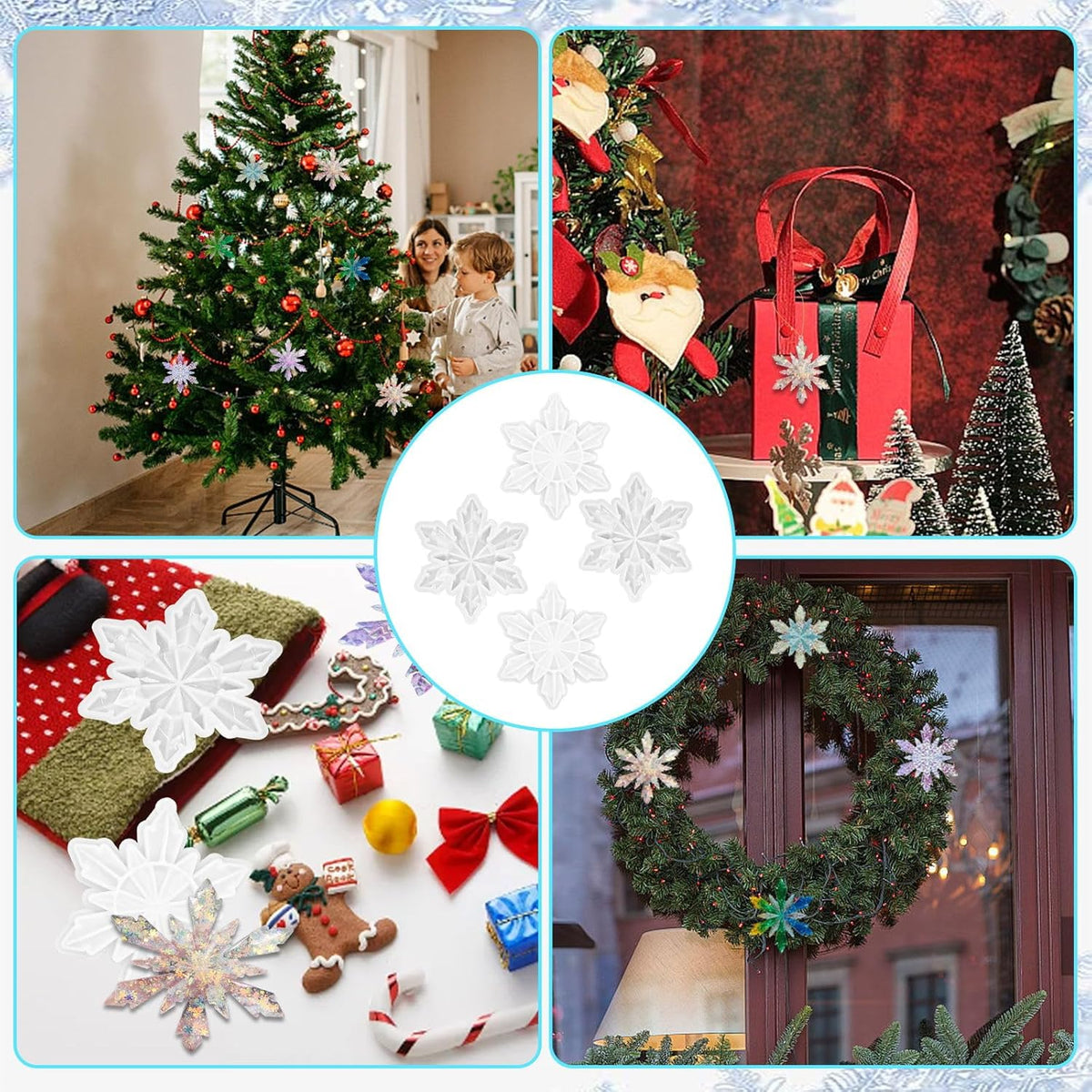 4Pcs Christmas Snowflake Silicone Mold Resin Ornament Molds for Epoxy Resin, DIY Xmas Pendant Home Decoration