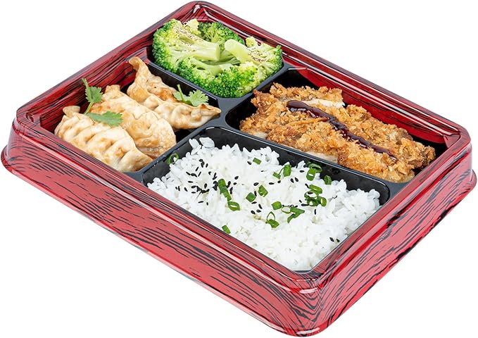 Restaurantware-Bento Tek 18.6 Ounce Meal Prep Containers, 50 Disposable To Go Food Boxes - Lids Sold Separately, 4 Compartments, Red And Black Plastic Bento Lunch Boxes, Freezable, For Take Out