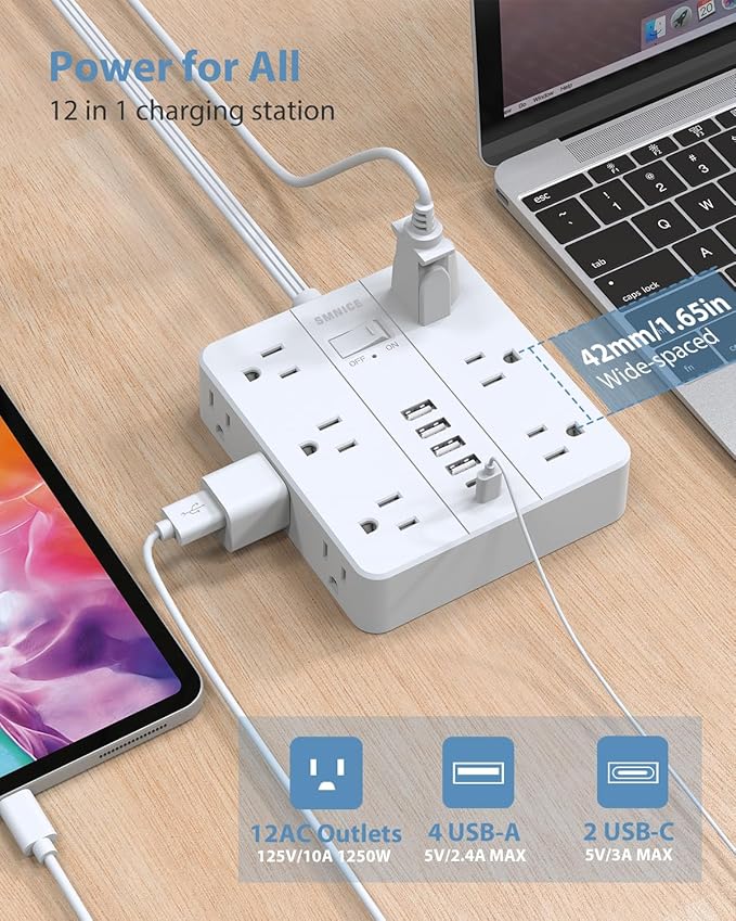Power Strip Surge Protector 23ft Extension Cord,SMNICE Flat Plug with 12 Outlets 6 USB(2 USB C),Surge Protector Charging Station with Overload Protection for Home, Dorm,Office