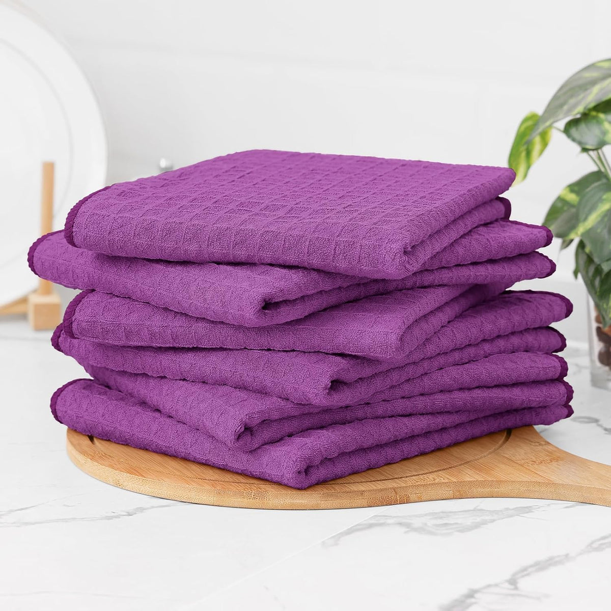 Homaxy Microfiber Waffle Weave Kitchen Towels, 16 x 28 Inch Ultra Absorbent and Solid Color Dish Towels, 4 Pack, Purple