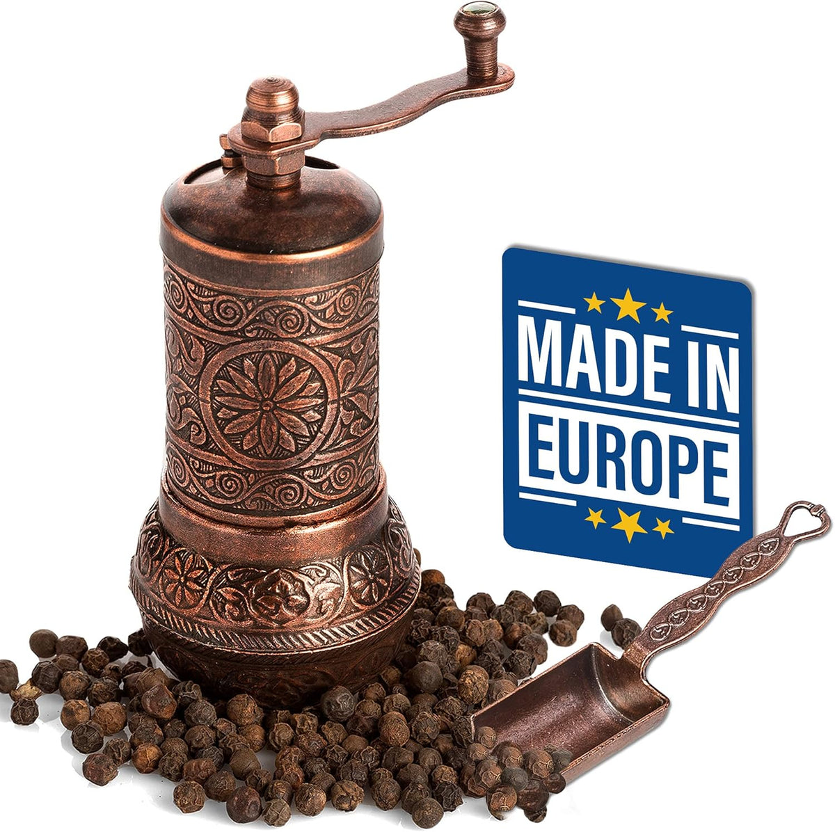 Decorative Black Pepper Grinder, Refillable Turkish Spice Mill with Adjustable Coarseness, Manual Pepper Mill with Handle, Spice Grinder Metal with Hand Crank, Copper