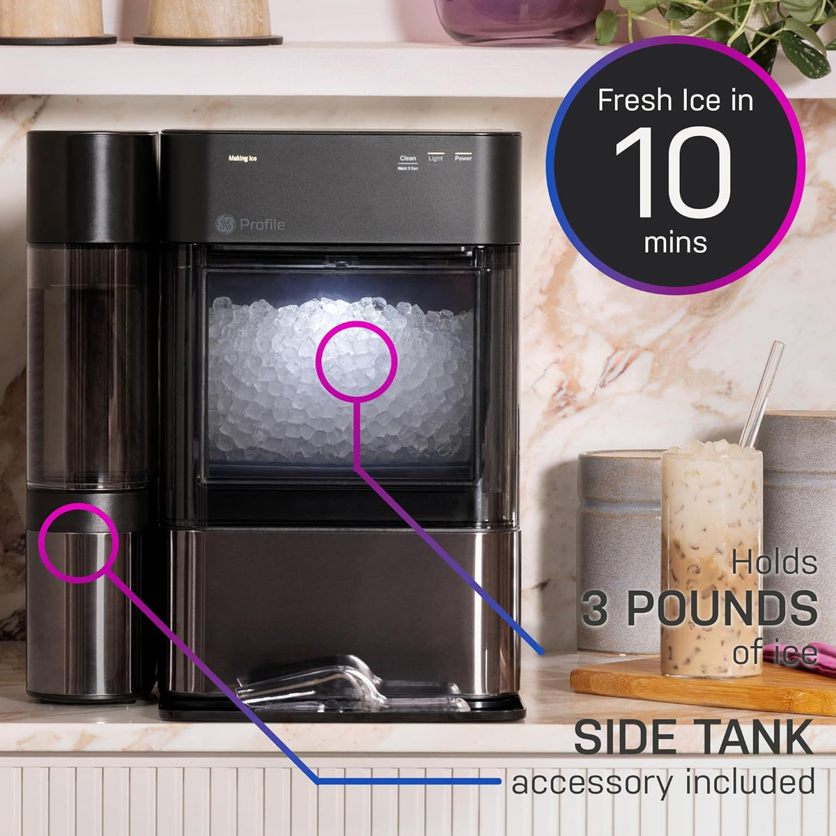GE Profile Opal 2.0 XL with 1 Gallon Tank, Chewable Crunchable Countertop Nugget Ice Maker, Scoop Included, 38 lbs in 24 Hours, Pellet Ice Machine with WiFi & Smart Connected, Black Stainless
