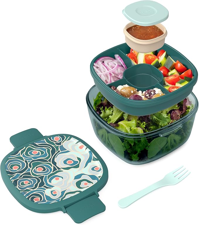 Bentgo Glass Prints All-in-One Salad Container - 61oz Tinted Glass Salad Bowl with Lid, Bento-Style Tray, Sauce Container, & Reusable Fork - Dishwasher & Microwave Safe (Floral Maximalist - Sea)