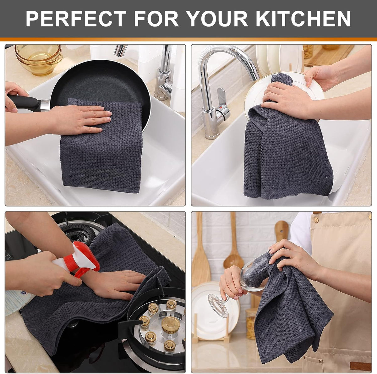 Kitinjoy 100% Cotton Waffle Weave Kitchen Towels, 4-Pack Super Soft and Absorbent Dish Towels for Drying Dishes, Kitchen Hand Towels, 13 in x 28 in, Dark Grey