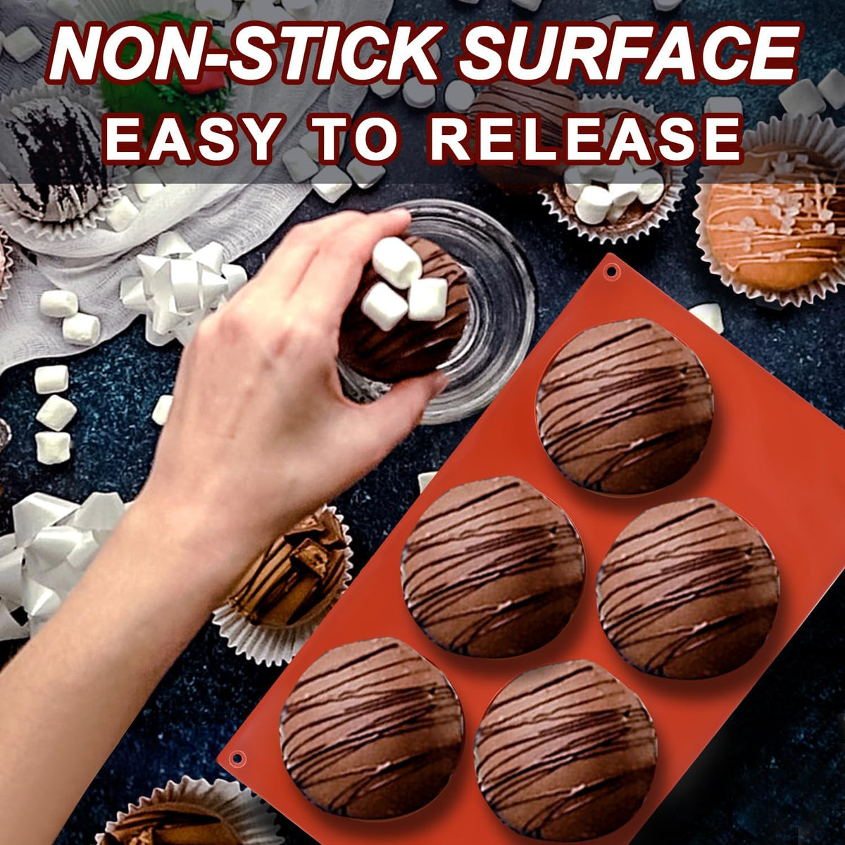 3 Pack Extra Large 5-Cavity Semi Sphere Silicone Molds, Half Sphere Baking Mold Non-Stick for Making Big Size Hot Chocolate Bomb, Jelly, Cake, Dome Mousse