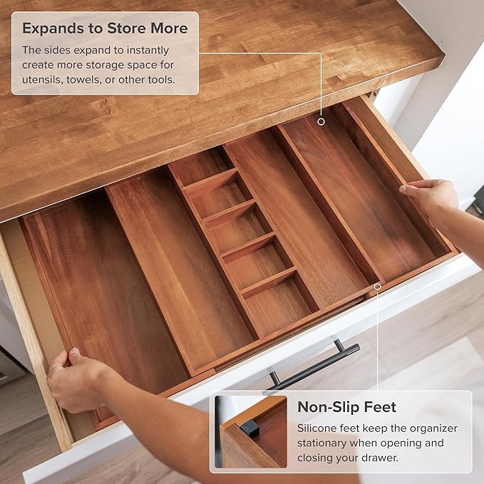 Adjustable Kitchen Drawer Organizer for Utensils and Junk, Food-Safe Contract Grade with 100% Sustainable Wood, Non-Slip, Expandable from 16" to 28" Wide - Natural Acacia