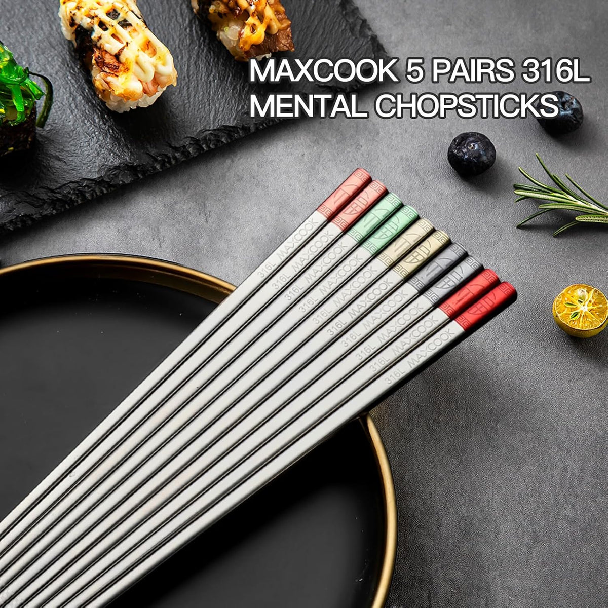 Metal Chopsticks, 5 Pairs 316L Stainless Steel Chopstick，Non-Slip Sushi Chop sticks with Laser Engraving, Reusable Chopsticks for Japanese Cuisine (9.25 Inch)