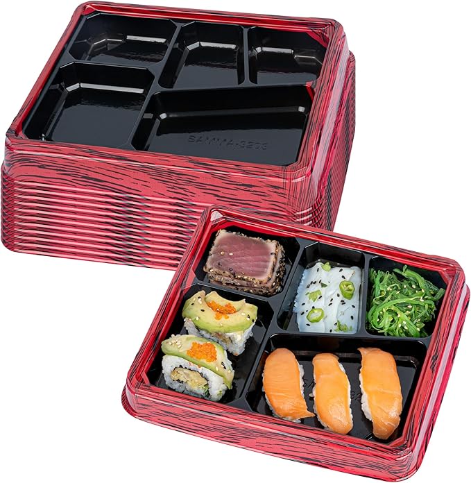Restaurantware-Bento Tek 18.3 Ounce Meal Prep Containers, 50 Disposable To Go Food Boxes - Lids Sold Separately, 5 Compartments, Red And Black Plastic Bento Lunch Boxes, Freezable, For Take Out