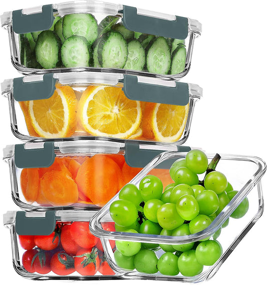 VERONES 5 Pack 36 OZ Glass Meal Prep Containers, Airtight Glass Lunch Containers Set, Glass Food Storage Containers with Lids,Exclusive of BPA, for Microwave, Oven, Freezer & Dishwasher Friendly,Grey