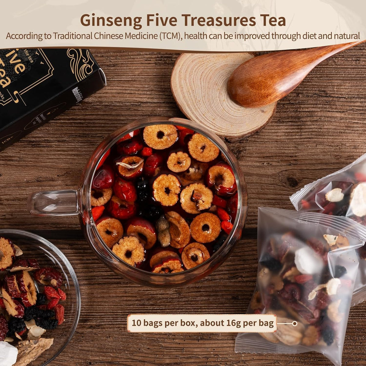 Ginseng Five Treasures Kidney Tea - Traditional Chinese Herbal, Natural Organic Cleanse Detox Tea for Women & Men, 7 Precious Ingredients Formula (2 Pack/50 Bags)