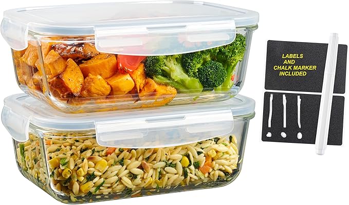 4pc Set of 8 Cup Large Glass Food Storage Containers with Lids - Airtight Meal Prep Container with Lid Lock - Freezer Microwave & Oven Safe Clear Lunch Bowl, Stackable Baking Pantry Organizer