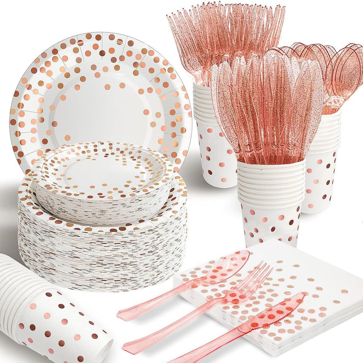 AIRE 350PCS White Rose Gold Paper Plates Party Supplies for 50 Guests Dinnerware Sets Disposable Party Decorations Paper Plates Napkins Cups Plastic Forks Knives Spoons For Birthday Wedding, Parties
