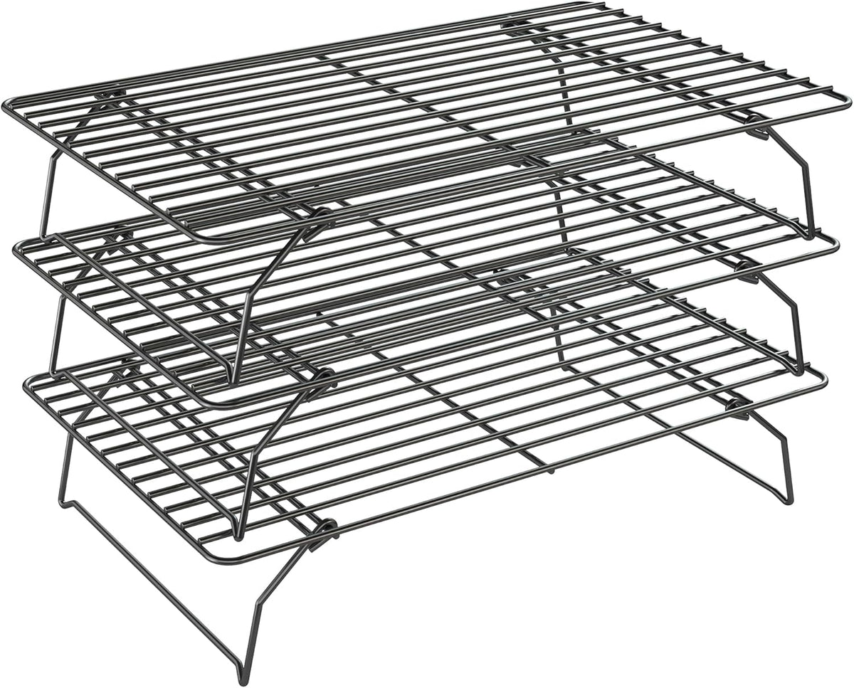 3 Tier Stackable Cooling Rack for Batch Cooling Cookie, Pizza, Cake-15.8”x 10”- Heavy Duty Cooling Racks for Cooking and Baking, Oven and Dishwasher Safe Baking Supplies-Black