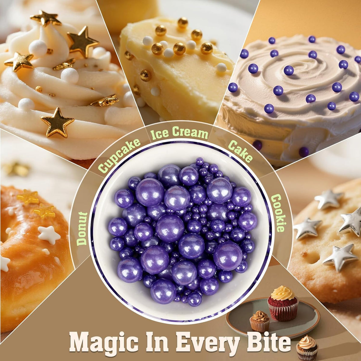 Twisweet Purple Sprinkles, Edible Purple Pearls for Cake Decorating, Sugar Sprinkles for Baking, Mix Size Candy Pearls, Cake Topper Ice Cream Cupcake Cookie Toppings Dessert Decorations, Wedding Birthday Halloween Supplies (130g/4.58oz)