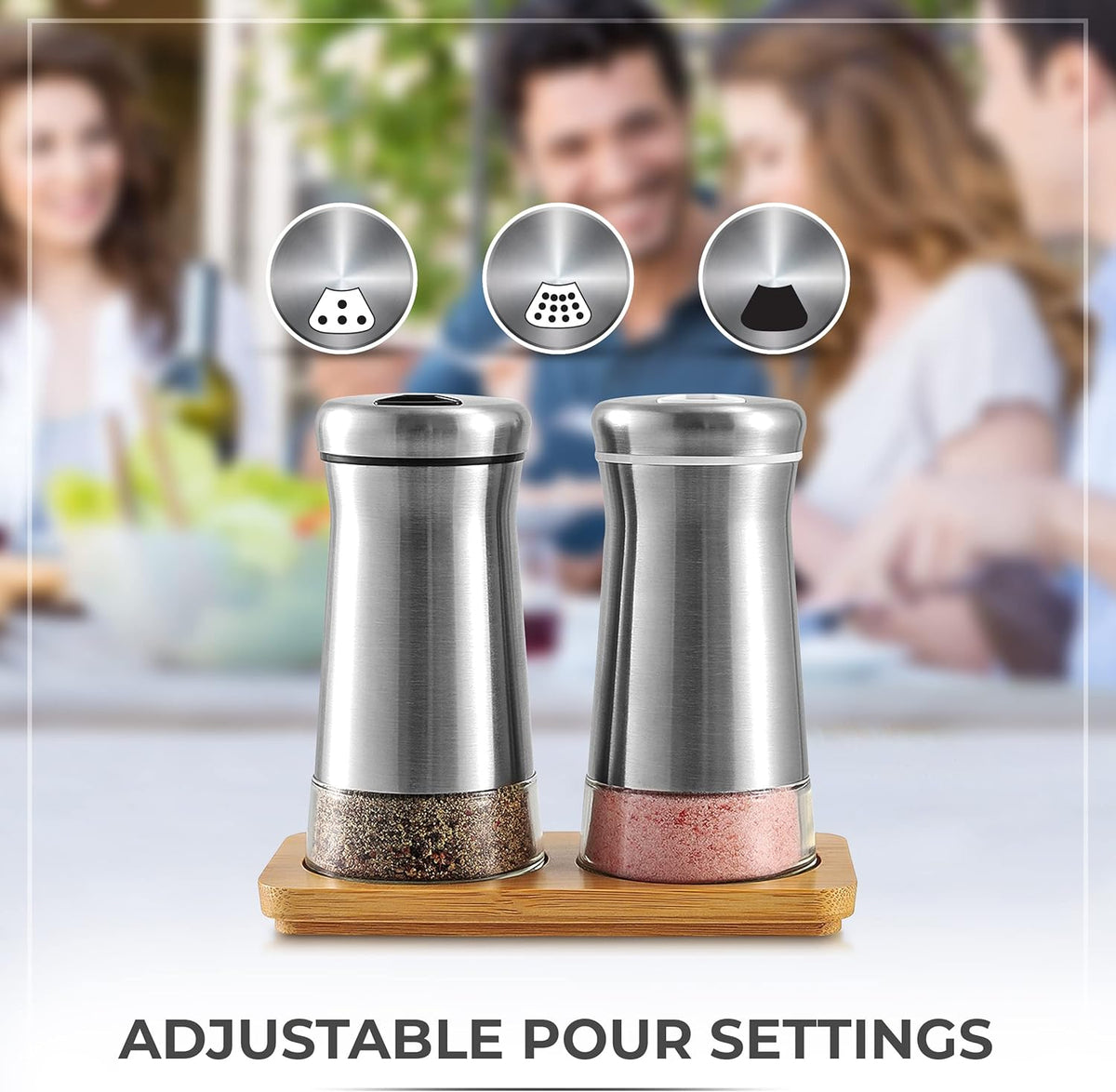 Salt and Pepper Shakers set with Adjustable Pour Holes - Elegant Stainless Steel Spice Dispenser - Perfect for Himalayan, Table Salt, White and Black Pepper (Salt & Pepper Shakers Set + Bamboo Stand)