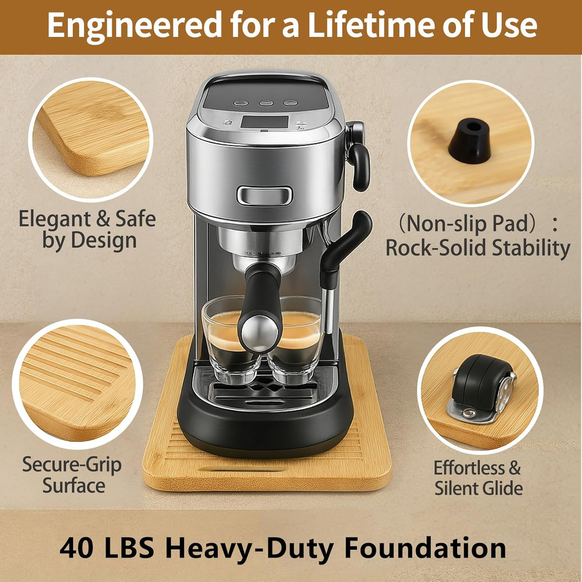 Bamboo Appliance Slider|16"D x 13"W Sliding Tray for Coffee Maker on Countertop|Heavy-Duty Coffee Pot Slider Tray & Kitchen Caddy for KitchenAid Mixer, Air Fryer