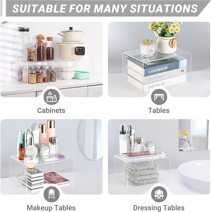 Acrylic Kitchen Cabinet Organizer Shelf, Spice Rack, Plate and Cupboard Storage Riser, Versatile Pantry Shelf, Durable Clear Countertop Organizer for Home and Kitchen(4 PCS)