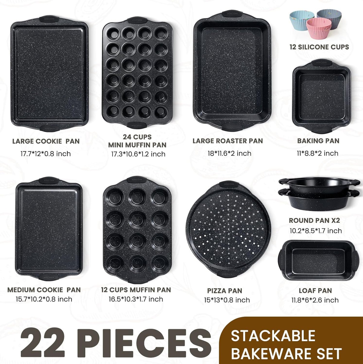 Kikcoin 22 PCS Nonstick Baking Pans Set, Stackable Bakeware Sets with Silicone Handles, 450°F Oven Safe Baking Sheet set, Easy Release Cookie Sheets for Baking, Black