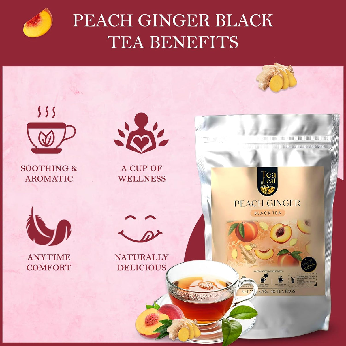Tealeaf & Co. Peach Ginger Tea Blended with Organic Spices - Organic Black Tea Bags with Ginger & Peach Flavor - Flavored Blend with Low Caffeine - Gluten Free - 50 Teabags