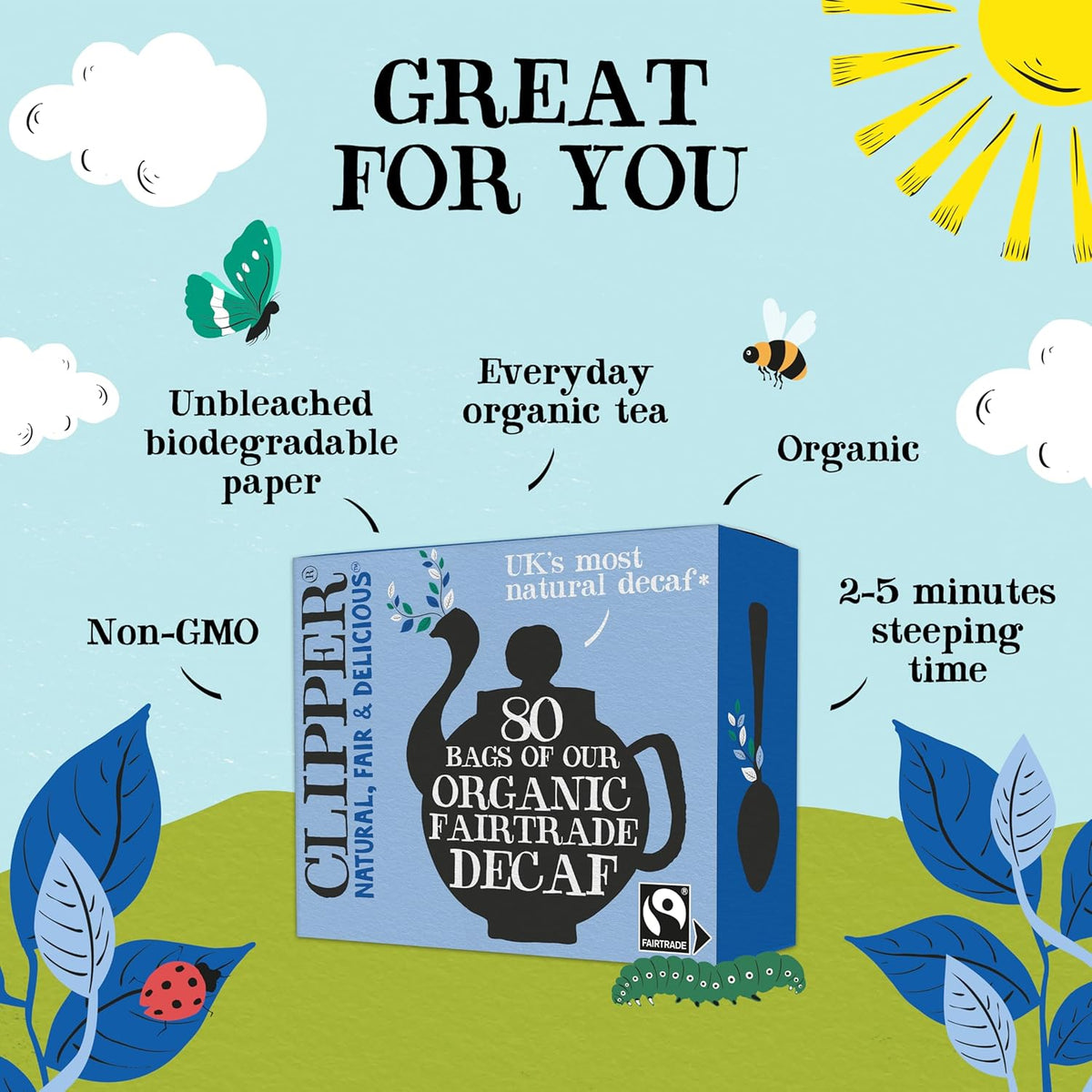 Clipper Tea, Organic Decaf, Plant-Based, Decaffeinated Black Tea, Great Over Ice, 1 Pack, 80 Unbleached Tea Bags