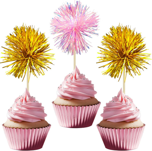 Gyufise 30Pcs Foil Firework Cupcake Toppers Sparkle Tinsel Cake Toppers Tinsel Drink Cake Decoration Cocktail Picks for Birthday Wedding Graduation Party Supplies Gold Pink