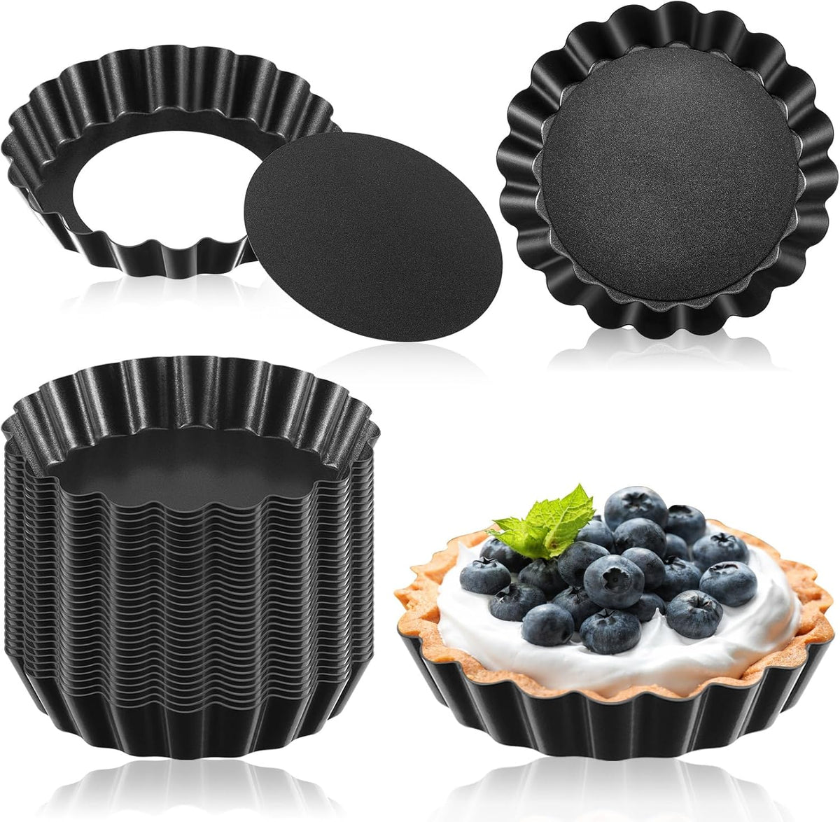Uiifan 32 Pcs Mini Tart Pans Egg Tart Molds with Removable Bottom Round Nonstick Quiche Pan Mini Pie Pans Small Bakeware Mold Fluted Side for Mousse Cake Dessert Baking(3 Inch,Black Gray)