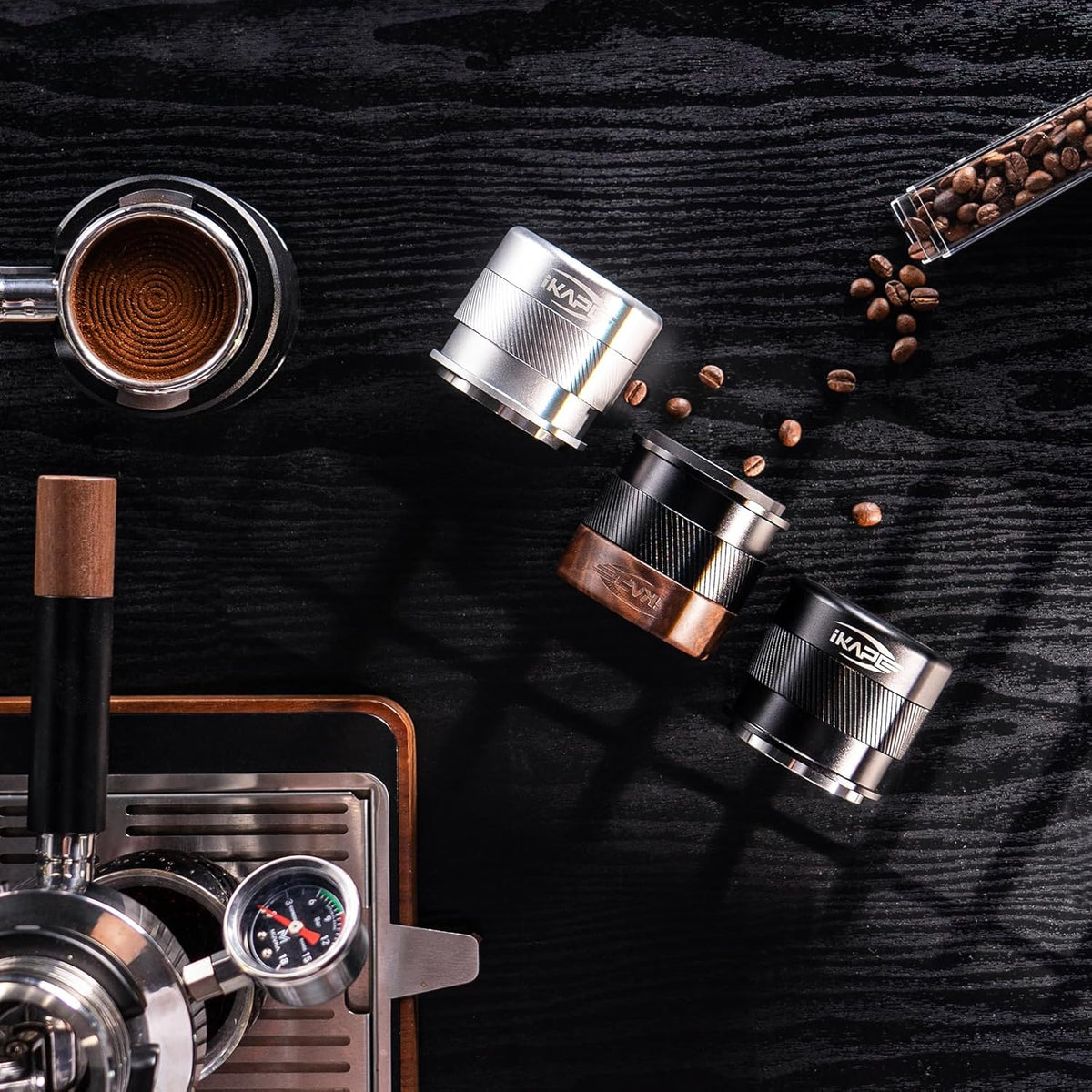 IKAPE 51MM Espresso Tamper, New Wooden Handle Design，Premium Barista Coffee Calibrated Tamper with Spring Loaded, 100% Stainless Steel Tamper Compatible with All 51MM Bottomless Portafilter