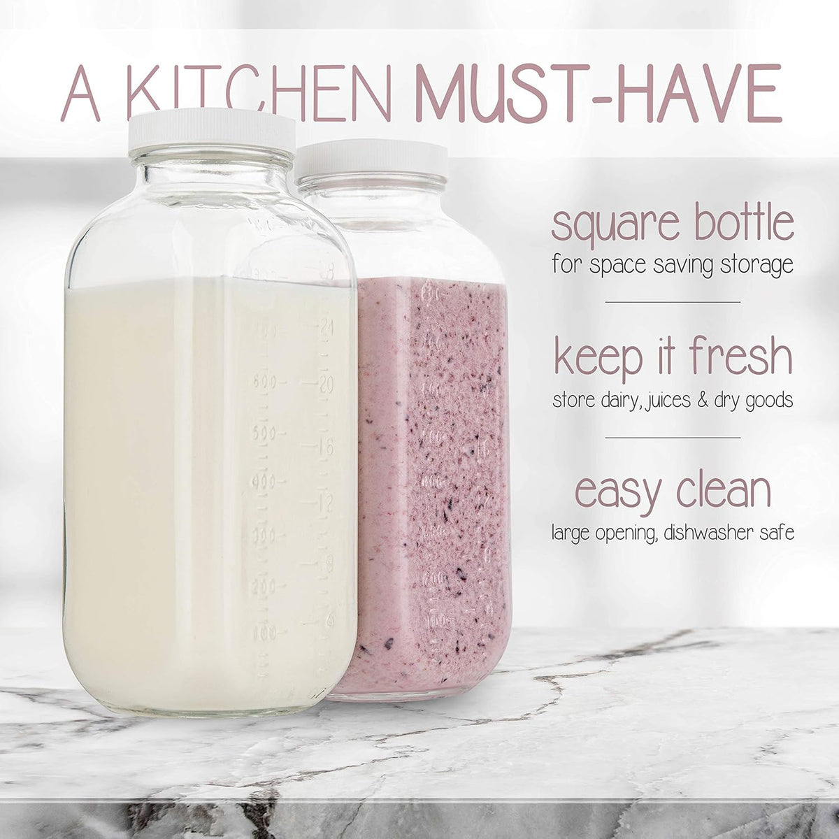 kitchentoolz 32 oz Square Glass Bottles with Plastic Airtight Lids – 4 Pack for Milk, Smoothies, Water, Kombucha, and Broth Storage