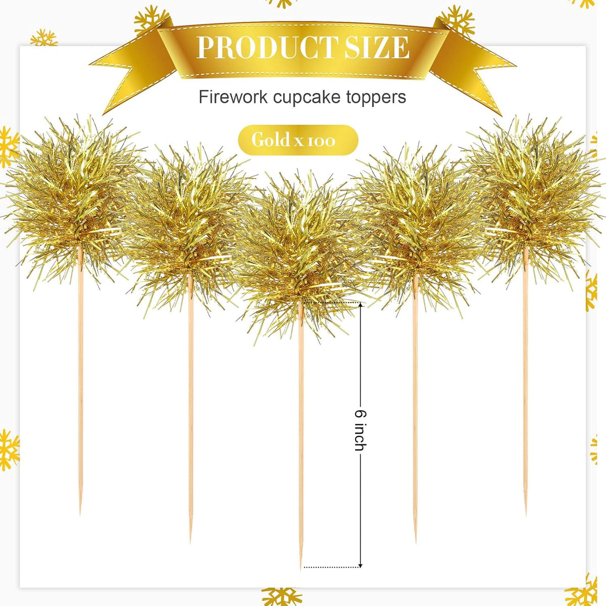 Chinco 100 Pcs Foil Firework Cupcake Toppers Sparkle Tinsel Cake Toppers Cake Decoration Cocktail Fruit Toothpick for Birthday Wedding Graduation Party(Gold)