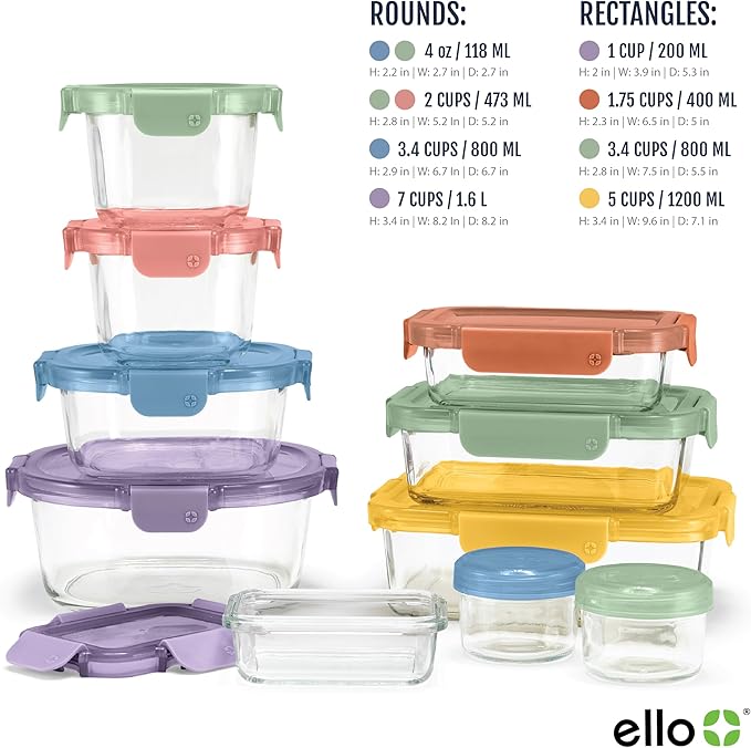 Ello Color Lock 20PC Mixed Glass Food Storage Sets, Leak-Proof Glass Food Storage Containers with Airtight BPA-Free Plastic Lids, Dishwasher, Microwave, and Freezer Safe, Desert Festival