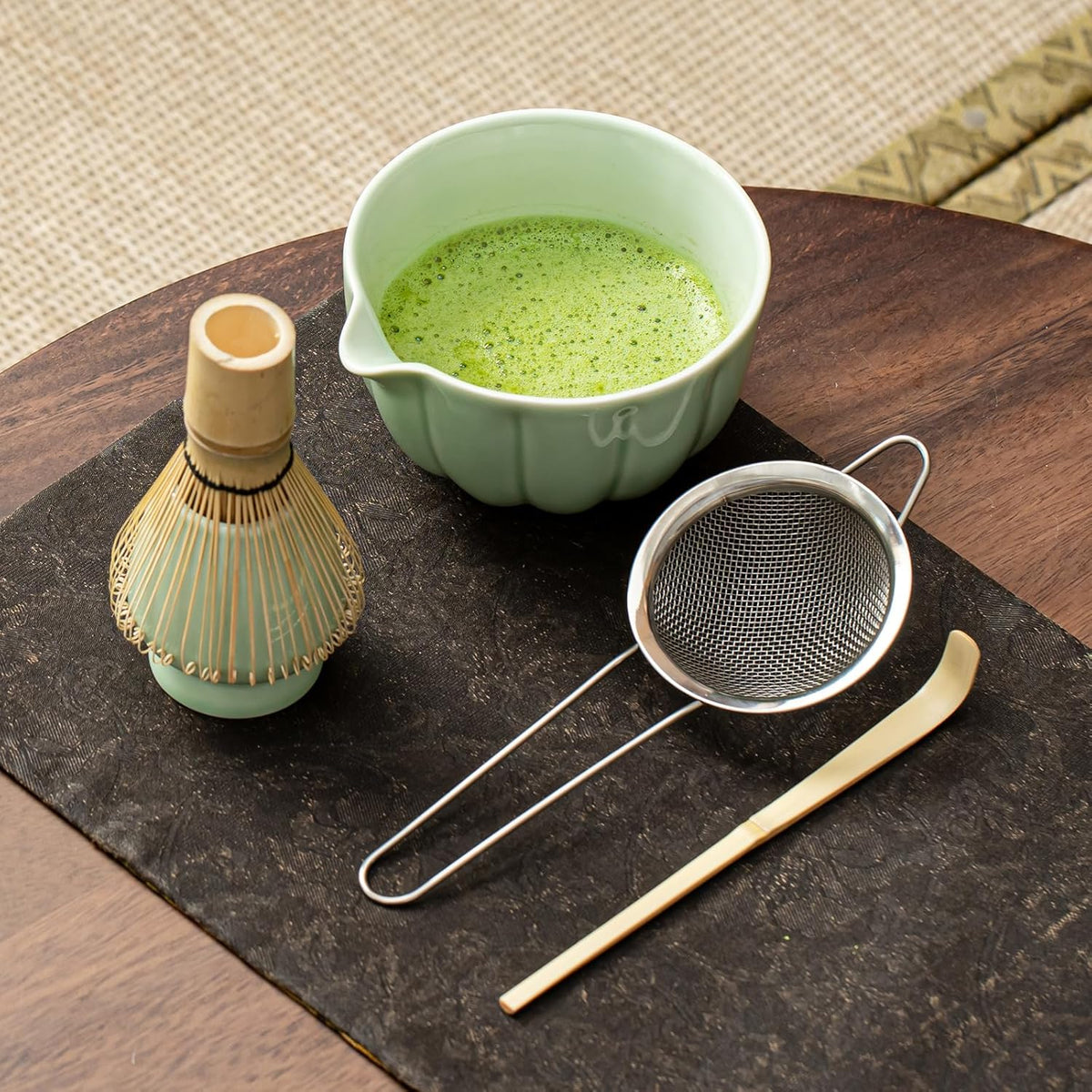 Matcha Whisk Set, Matcha Bowl with Spout, Matcha Whisk, Chasen Holder, Sifter, Bamboo Scoop - 5 Pcs Perfect Matcha Making Kit for Matcha Lover and Tea Ceremony (Emerald Green)