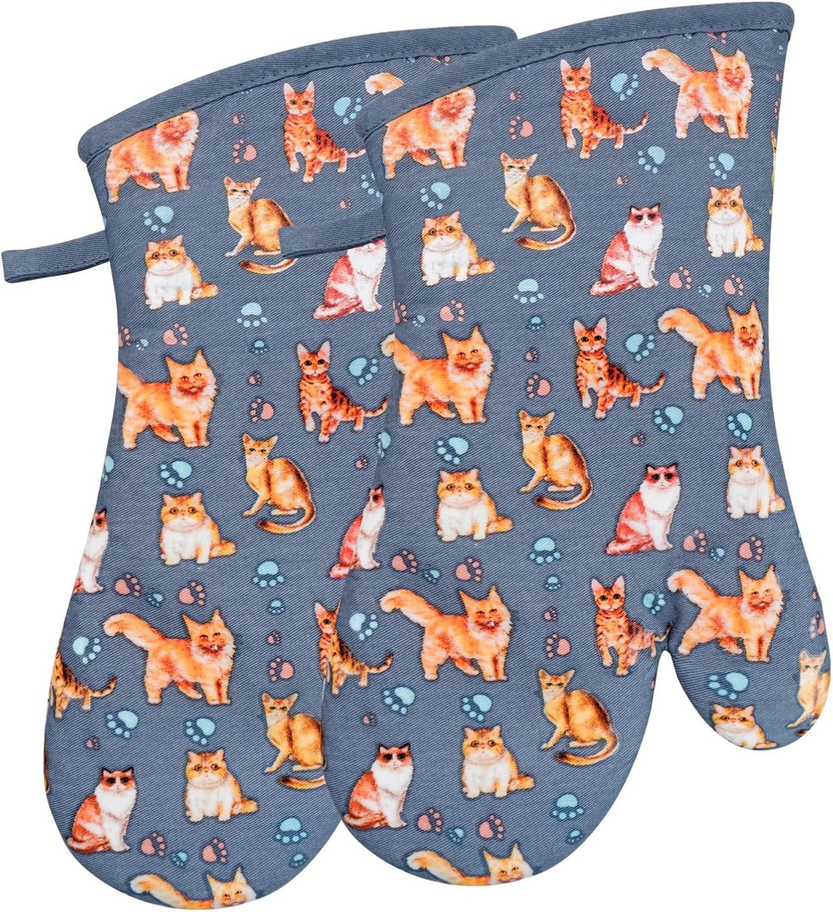 Oven Mitts Gloves 1 Pair Heat Resistant 480 ℉ Non Slip Clear Silicone Printed Cat Comfortable Cotton Lining Kitchen Men Cooking Barbecue Machine Washable (Cat, Blue Mitts)
