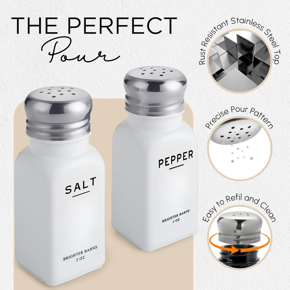 White Salt and Pepper Shakers Set by Brighter Barns - Dining Table Decor, Countertop Accessory - Neutral Minimalist Glass Salt Shaker - Modern Kitchen Accessories for Restaurant, Hotel, Airbnb (White)