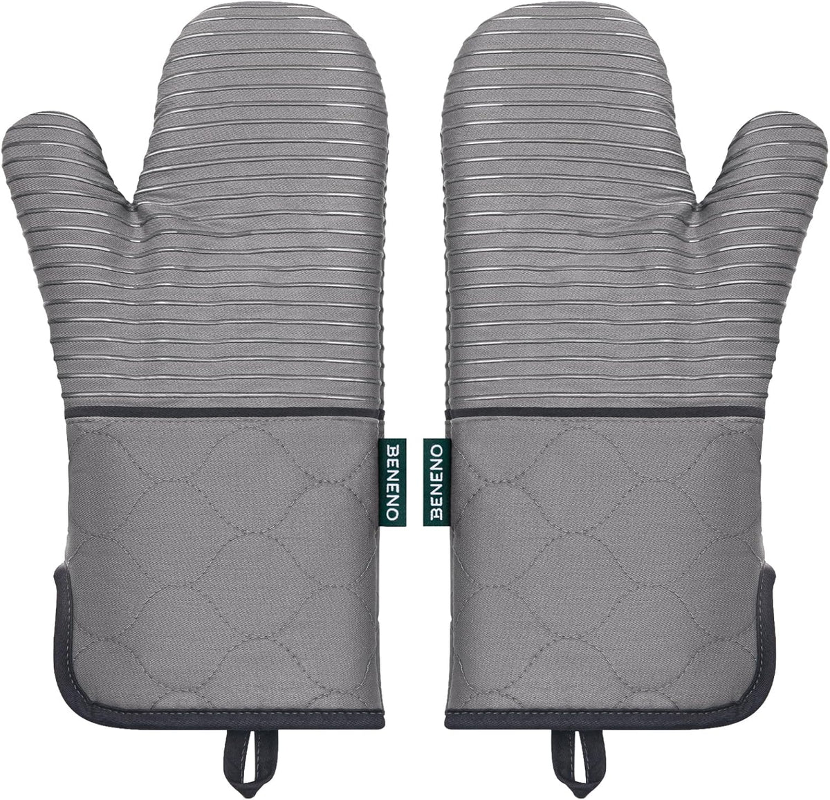 Beneno Kitchen Oven Mitts 2-Pack Heat Resistant to 500°F with Non-Slip Silicone Grip, Extra Long 14.3" Forearm Protection, Soft Quilted Cotton Terry Lining, Ideal for Cooking, Baking, Grilling, Gray