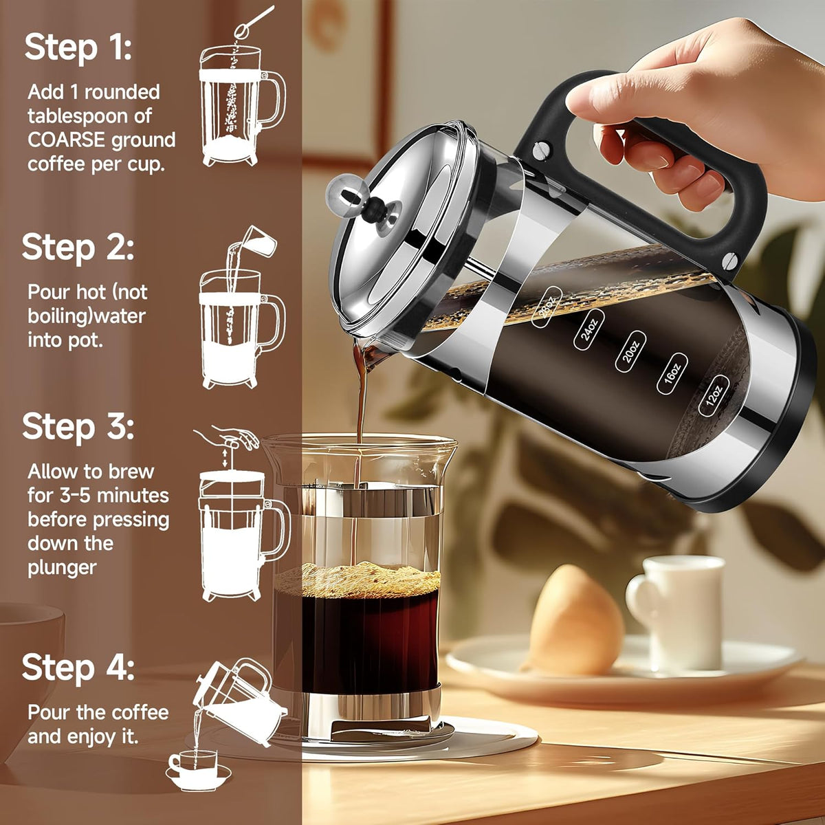 34 Ounce French Press Coffee Maker Chromium Stainless Steel Coffee Press, with 4-Level Filter System, Heat Resistant Thickness Borosilicate Glass, BPA-Free Brewed Coffee Pot for Camping Gifts