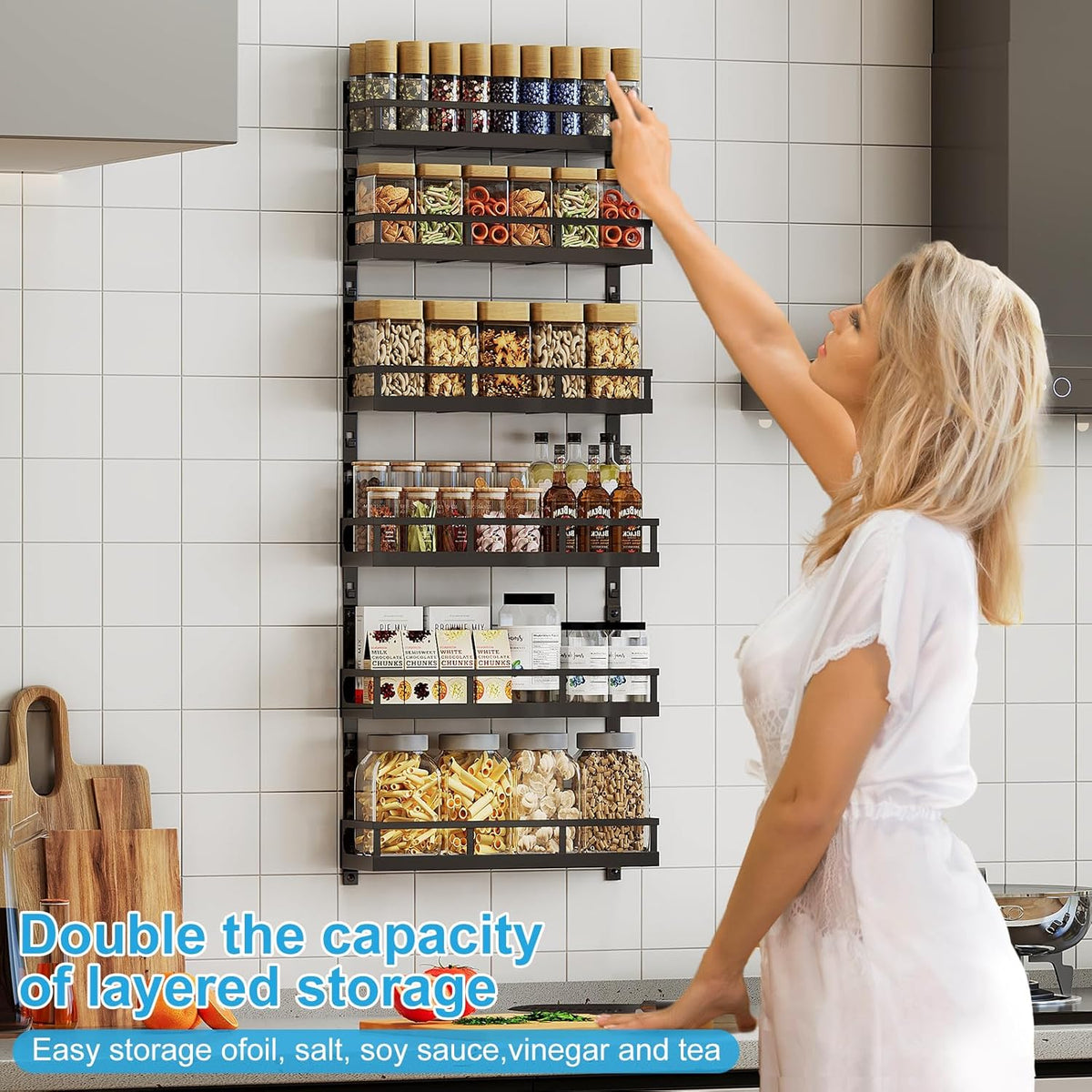 X-cosrack 6-Tier Wall-Mounted Spice Rack Organizer with Mixed Basket Sizes, Height-Adjustable Hanging Spice Shelf for Kitchen Pantry Cabinet, Large-Capacity Seasoning Holder, Black