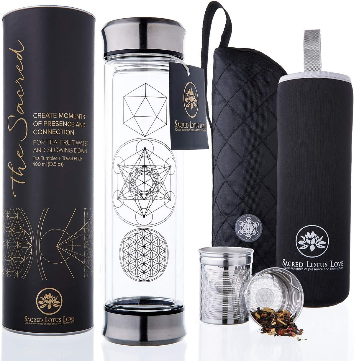 Sacred Lotus Love Double-Walled Glass Tea Infuser Bottle - Portable Travel Mug with Strainer and Sleeve for Loose Leaf Tea, Coffee, Smoothies - Insulated Tumbler with Lid for Hot and Iced Beverages